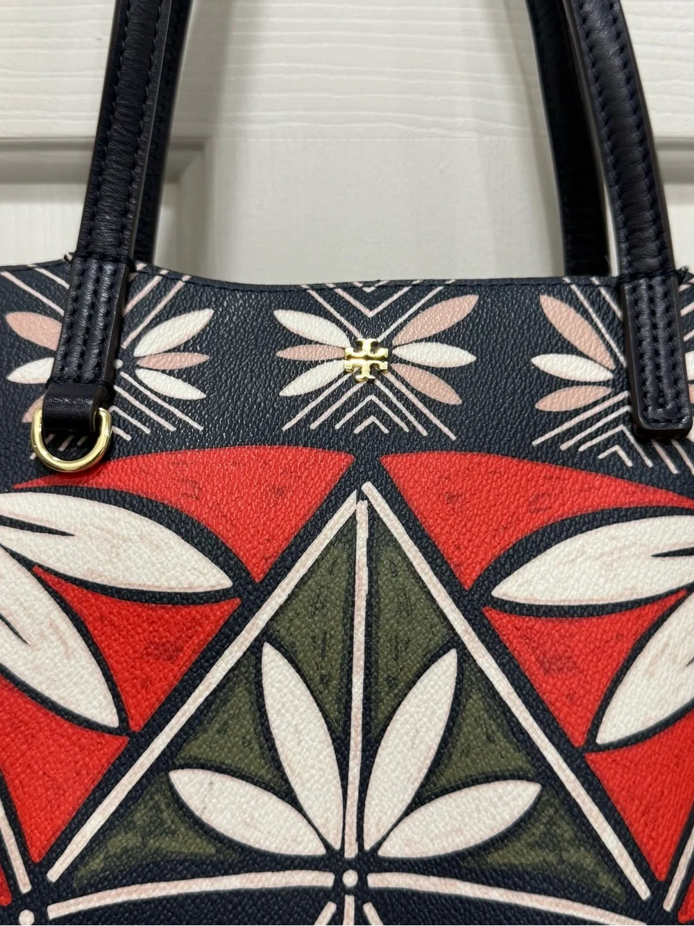 Tory Burch Floral Geometric Canvas Tote Bag in Navy and Red